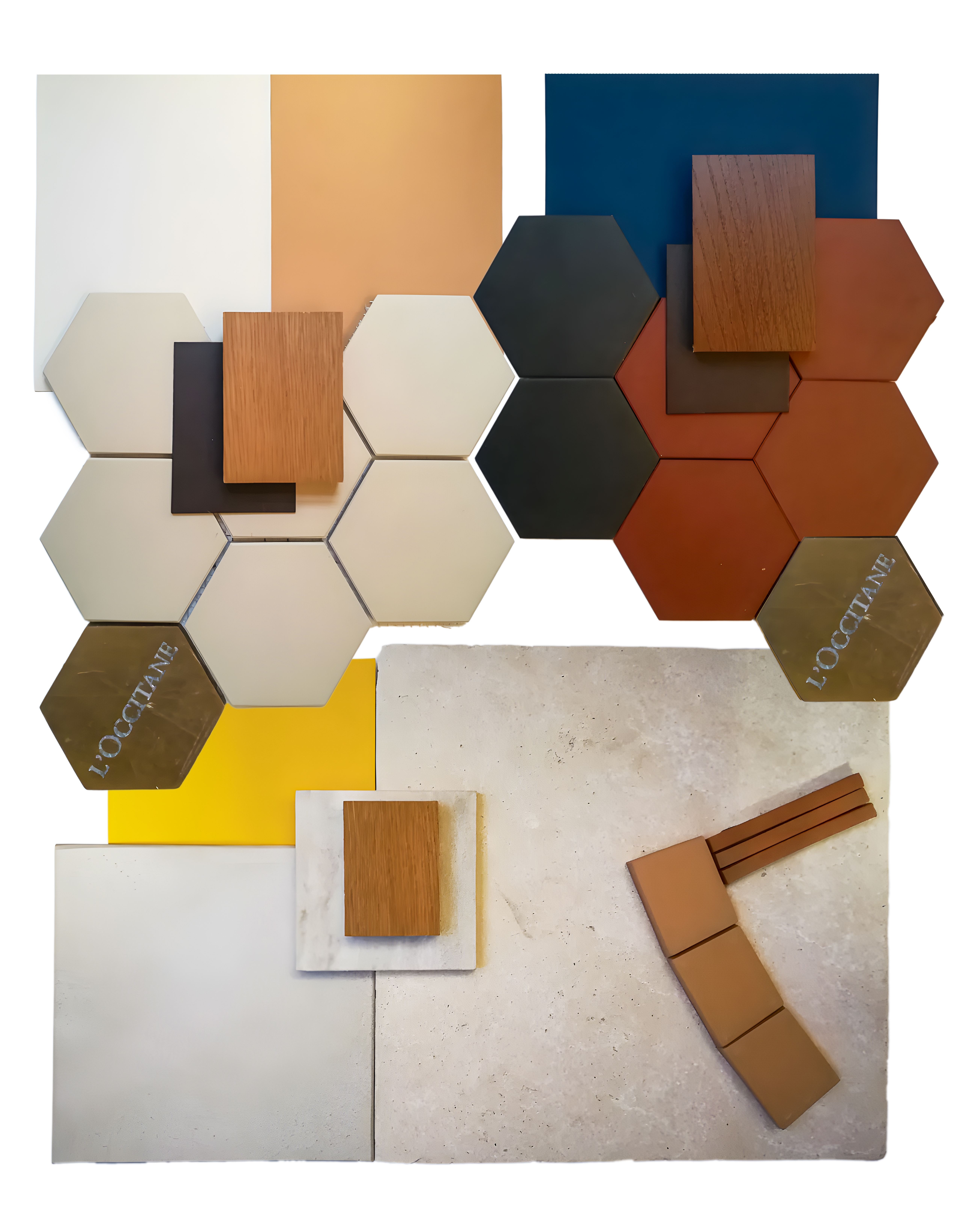 Sélection de matériaux pour le magasin L'Occitane, incluant bois et autres matériaux naturels