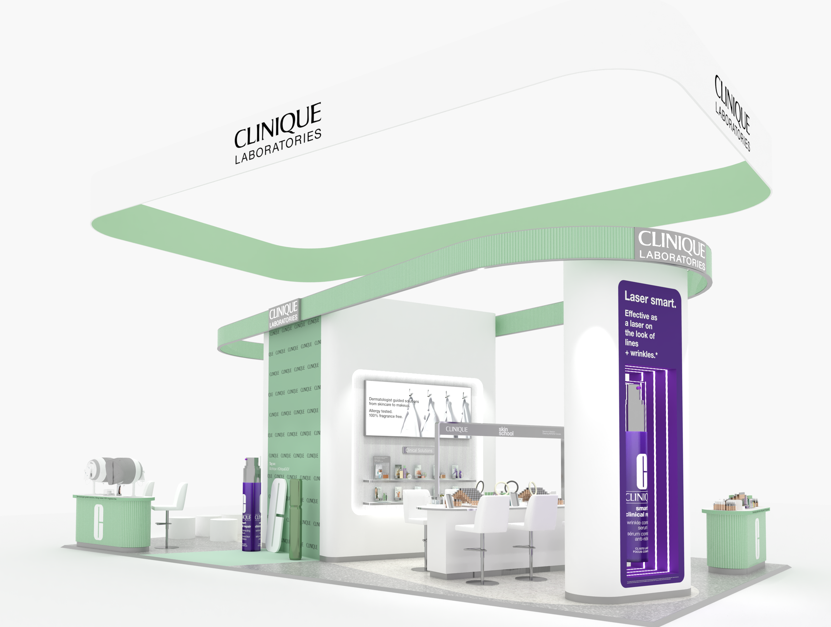 Rendu 3D du stand Clinique à l'EADV Amsterdam, vue générale de l'agencement