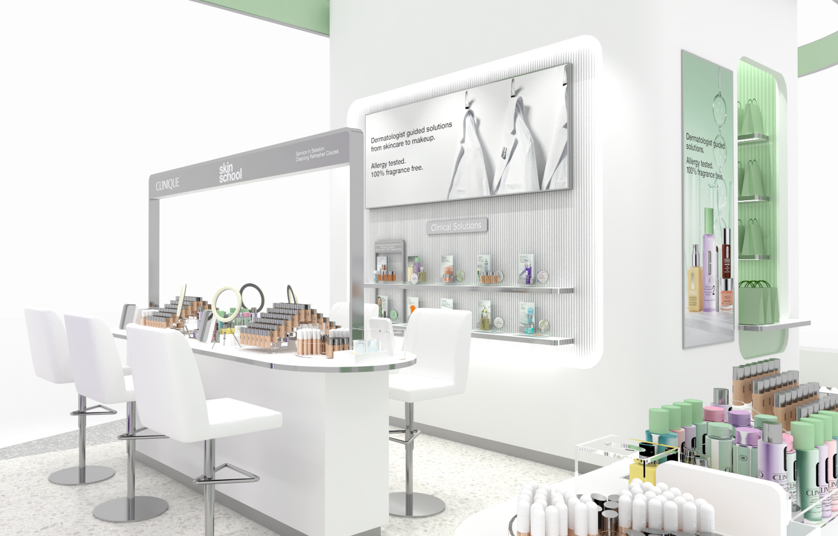 Rendu 3D du stand Clinique à l'EADV Amsterdam, détail de l'espace de consultation