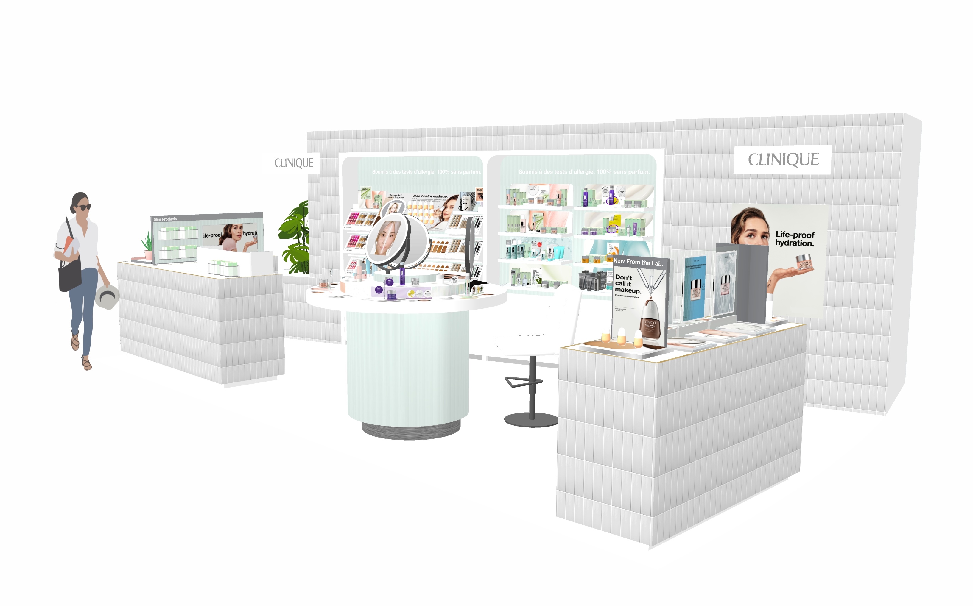 Vue en 3D sketchup du projet de stand Clinique aux Galeries Lafayette Haussmann Paris