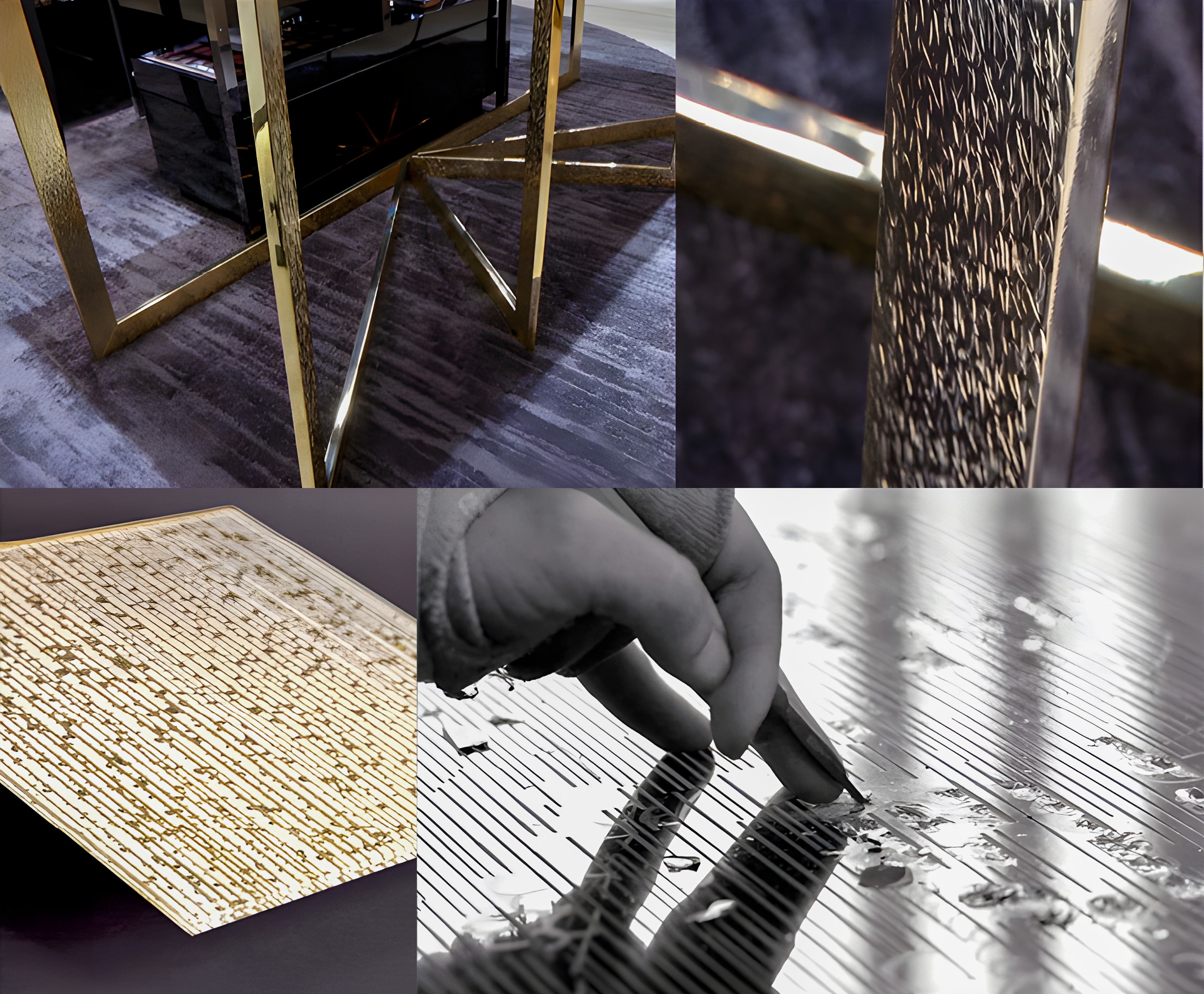 Sélection de matériaux pour le flagship Dior à Shanghai, incluant verre buriné et dorure à la feuille d'or