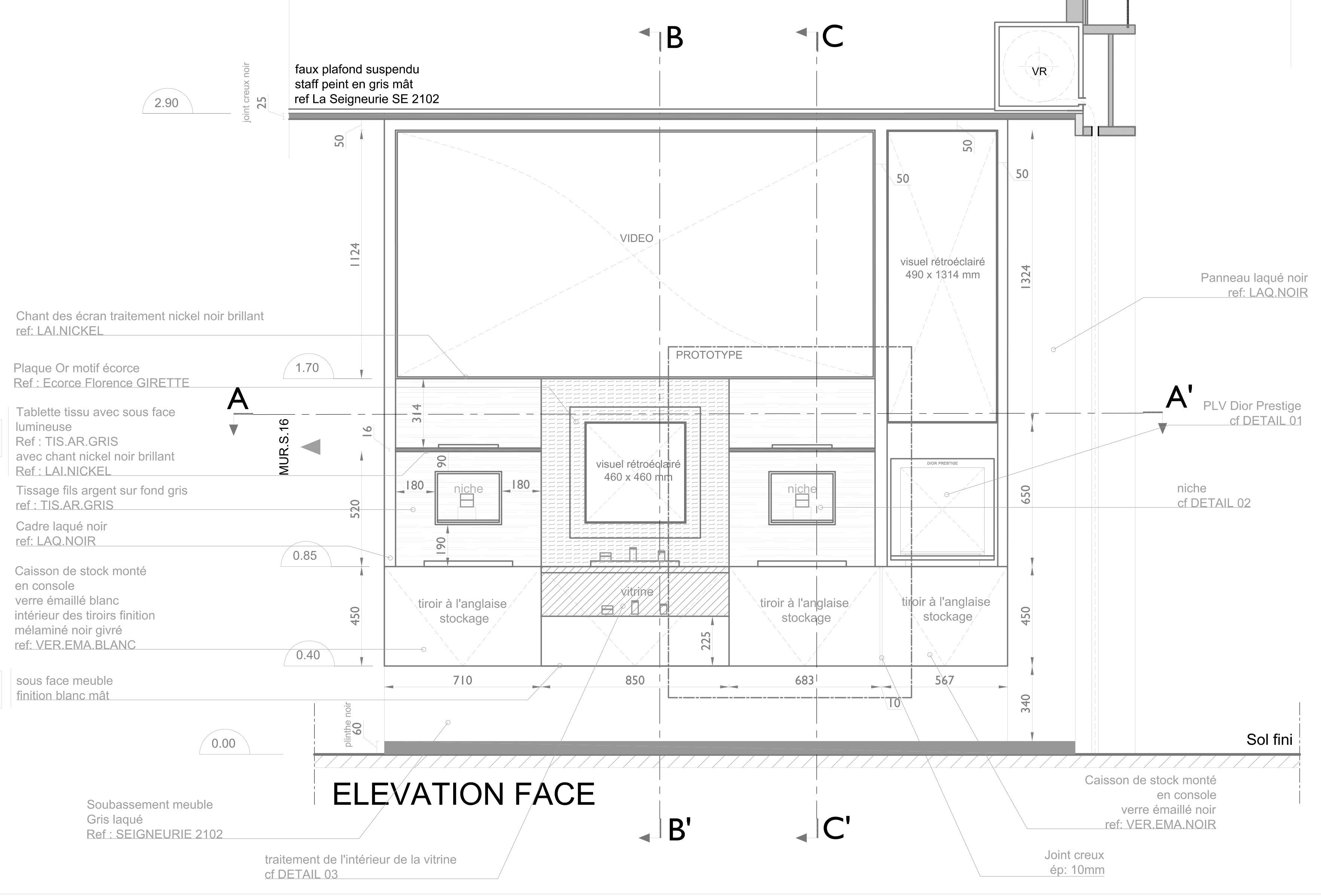 Dessin en elevation du mural de soin du flagship Dior IFC à Shanghai
